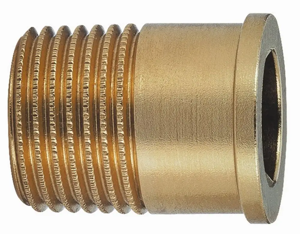 Messingener Schraubnippel mit Gewinde, verwendet in Verbindung mit Ventilgehäusen. Produkt von IMI Hydronic Engineering, flachdichtend konzipiert.